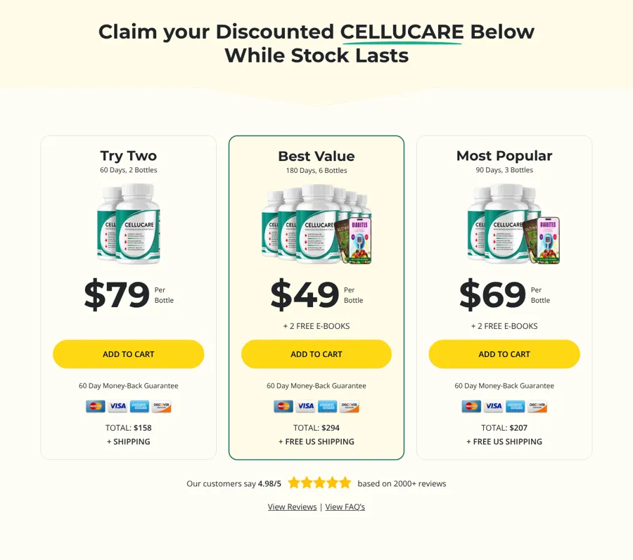 Cellucare bundle prices on the official order page, October 12, 2026