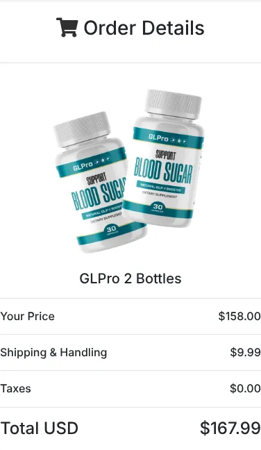 GLPro 2-bottle order summary at checkout, October 12, 2026